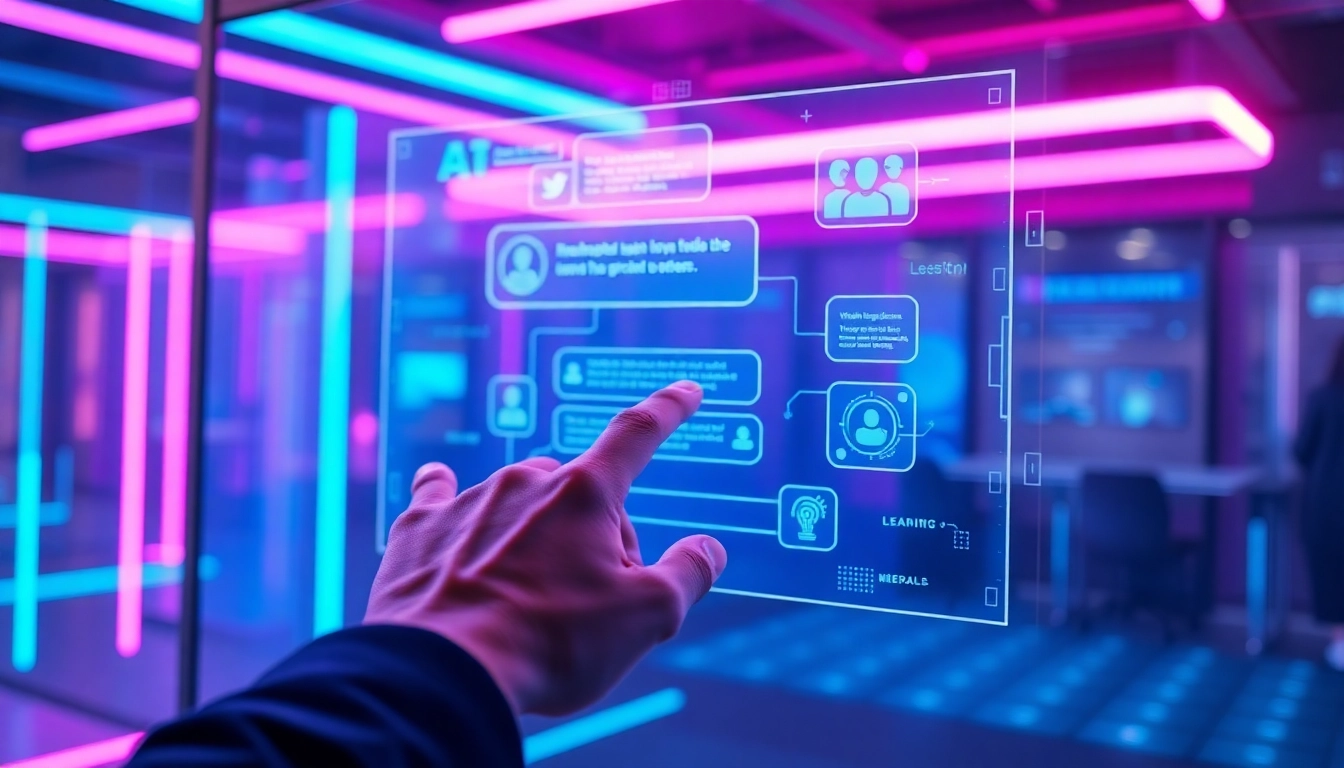Futuristic digital scene of a user interacting with a holographic AI chatbot interface with neon accents and modern tech environment.