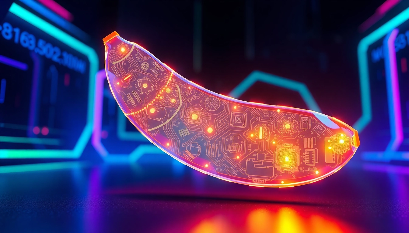 A futuristic AI banana with circuitry and holographic data streams, glowing in neon colors against a dark tech-inspired background.