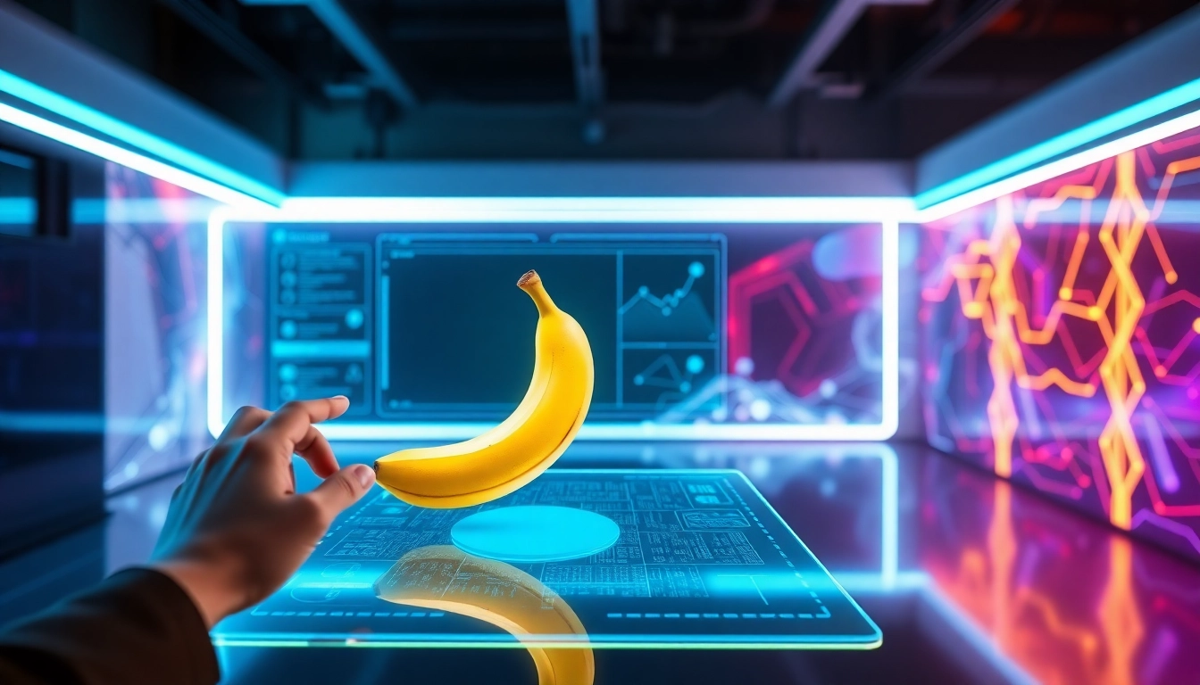 Futuristic AI image editing interface with holographic tools and a floating banana image