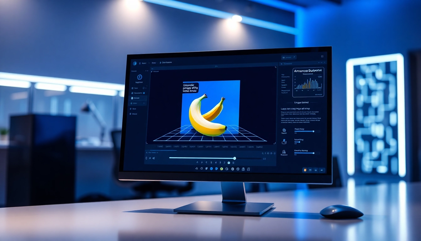 Futuristic digital workspace with an AI-powered image editing interface showcasing advanced features.