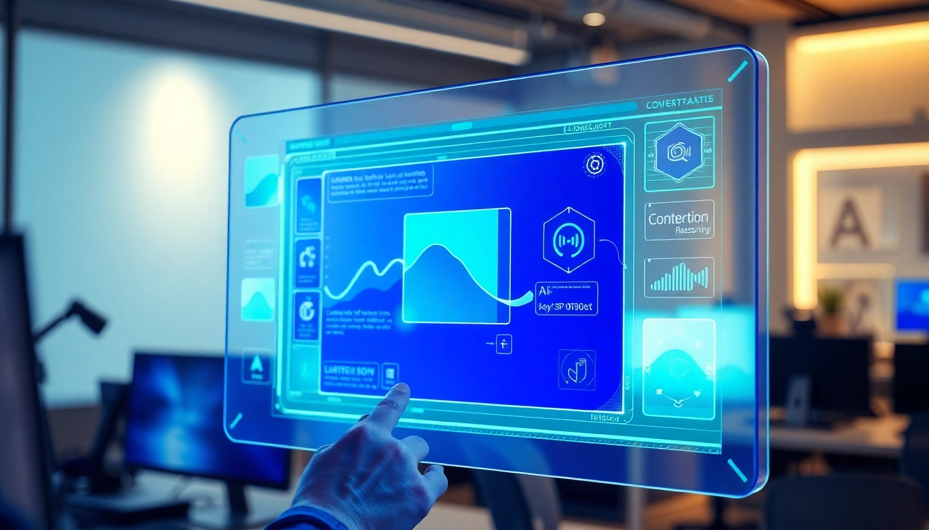 A futuristic AI interface on a transparent screen with vibrant neon colors in a modern workspace.