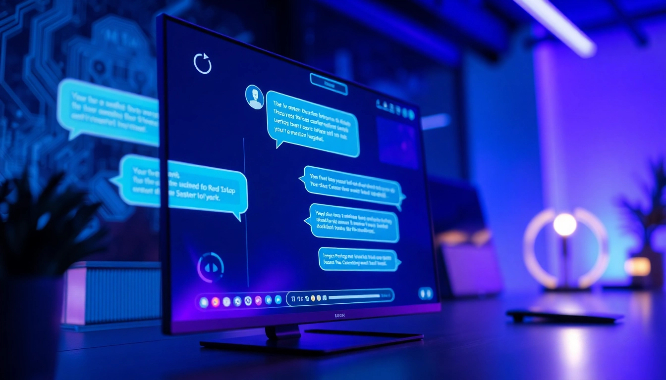 An illustration of a futuristic digital workspace with a chatbot interface on a screen, illuminated by blue and purple lighting, emphasizing advanced AI technology and user interaction.