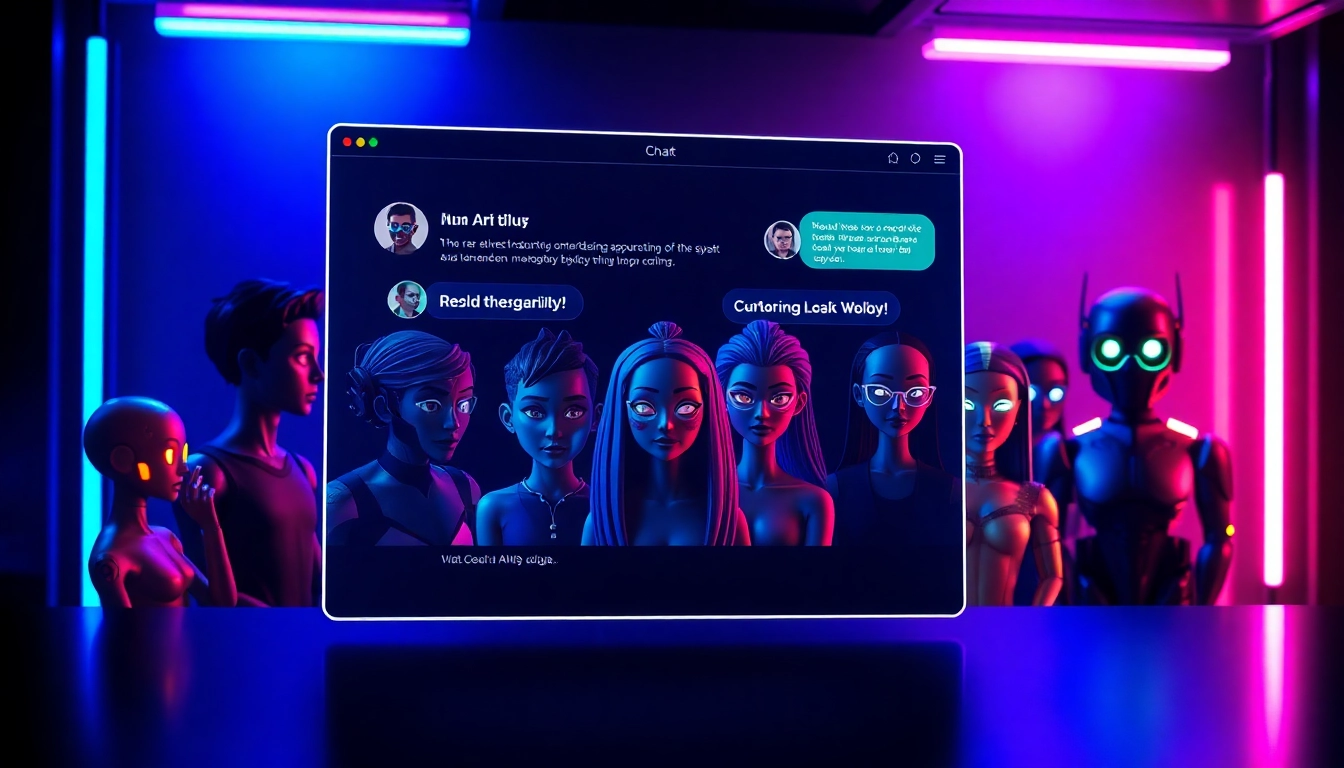Futuristic digital chat interface with customizable AI characters in neon-lit environment