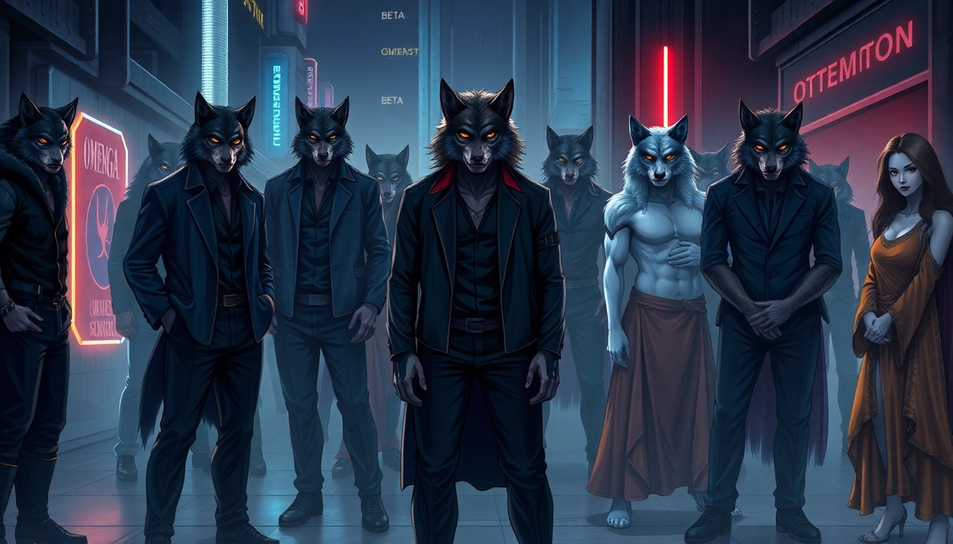 An illustration of humans with wolf-like features in a futuristic urban setting, depicting social hierarchy in the Omegaverse.