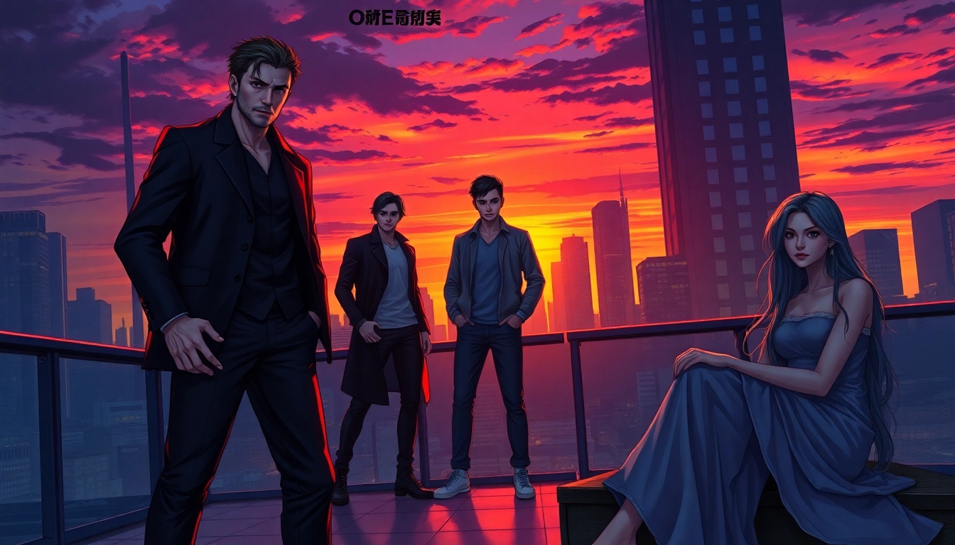 An illustration of diverse individuals representing the Omegaverse hierarchy in a cityscape at sunset, highlighting themes of dominance and submission.