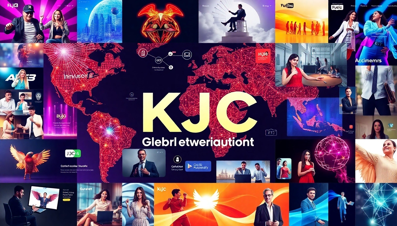 KJC logo displayed prominently alongside images of diverse users engaging with entertainment