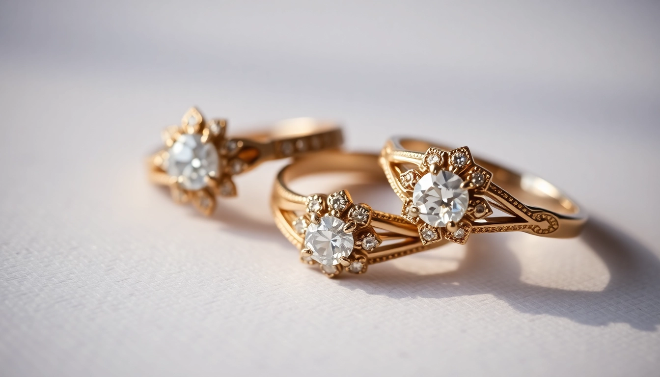 Close-up of classic engagement rings showcasing detailed designs with the keyword klasikiniai