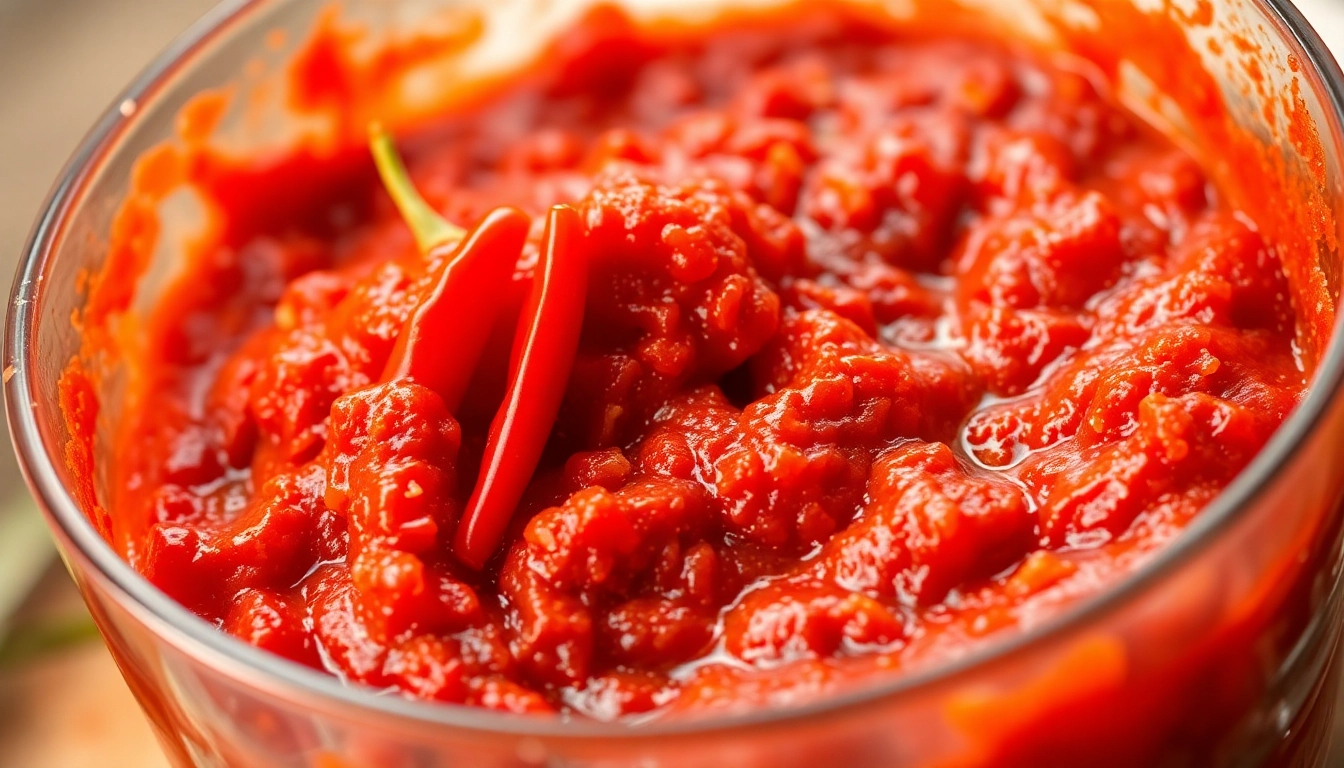 Close-up of freshly made Extra Hot Fresh Red Chilli Paste with vibrant red chilies and rich