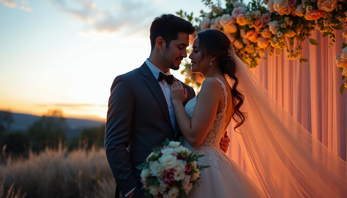 Professional eskuvoi fotozas of a couple in natural light with a romantic ambiance and floral