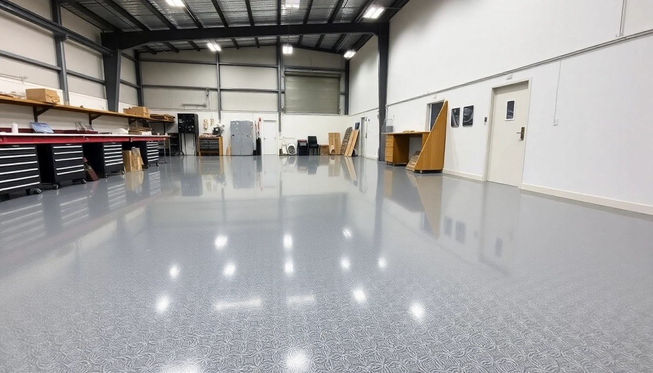 Professional epoxy resinng Birmingham floor coating being applied in a modern workshop setting